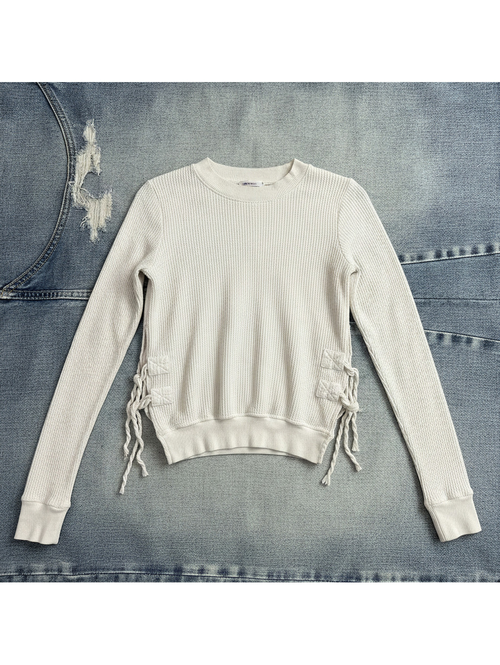 Free People Waffle Knit Long Sleeve Sweater Cream M Women